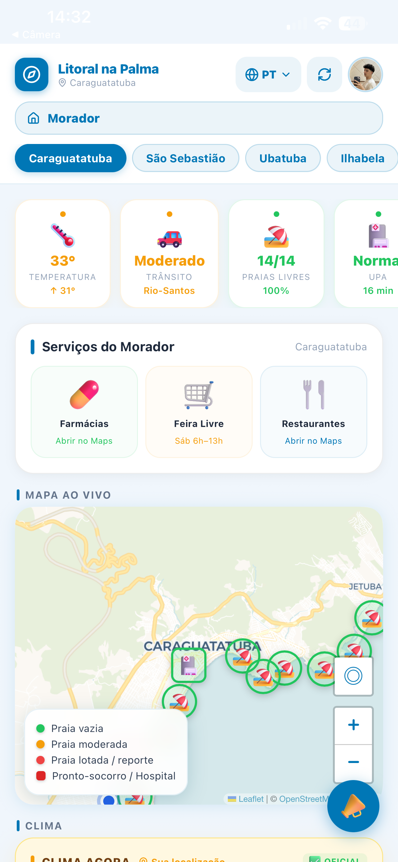 Painel do morador no app Litoral na Palma: clima, trânsito, UPA e mapa ao vivo
